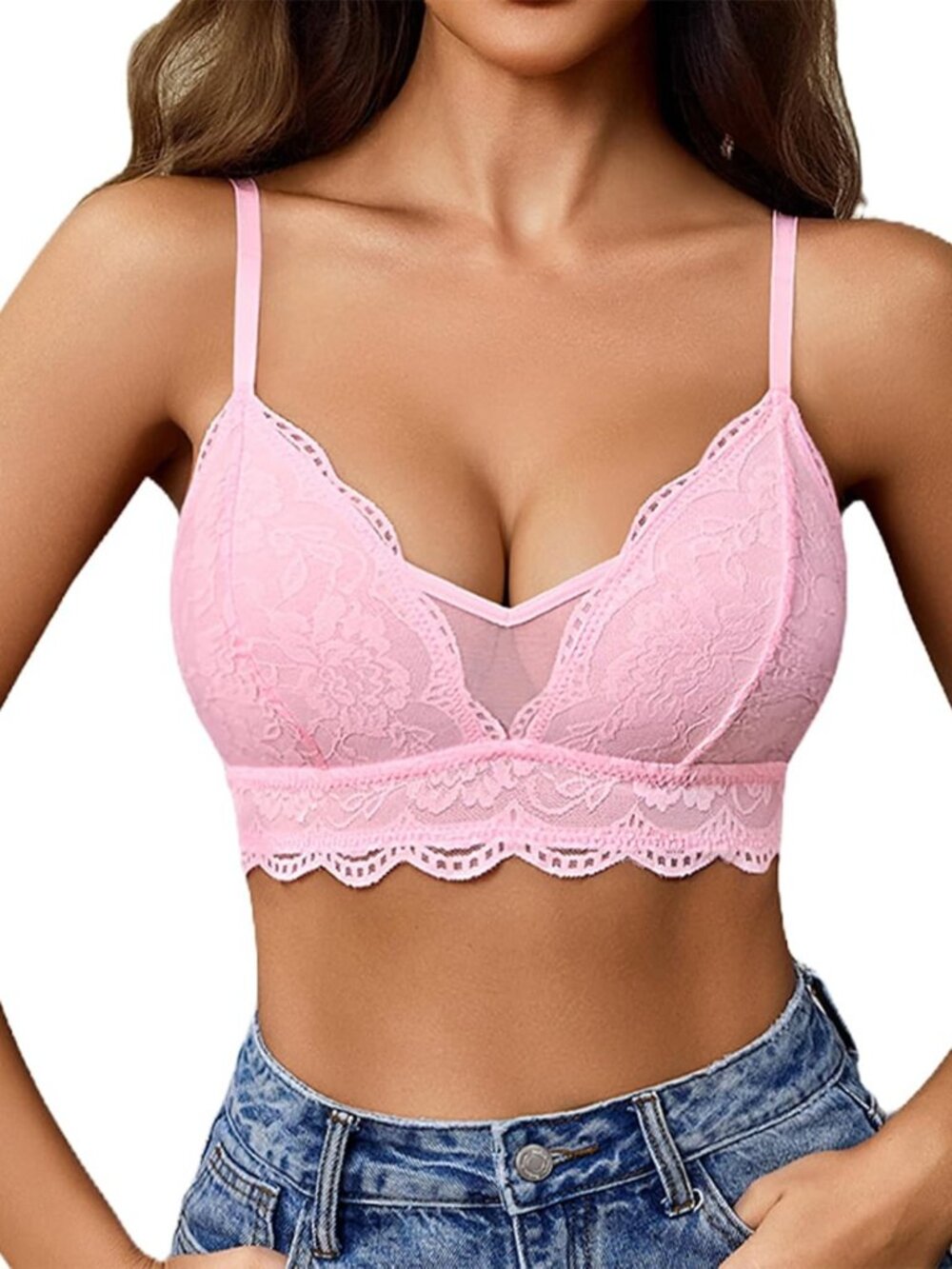 Lace V Neck Wireless Bra for Women | Non-Padded Mesh Bralette | Sexy Comfy